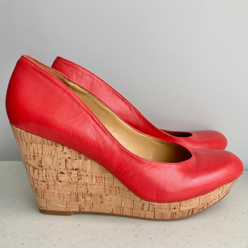 Red Nine West Cork Platform Wedgies, Size 9M